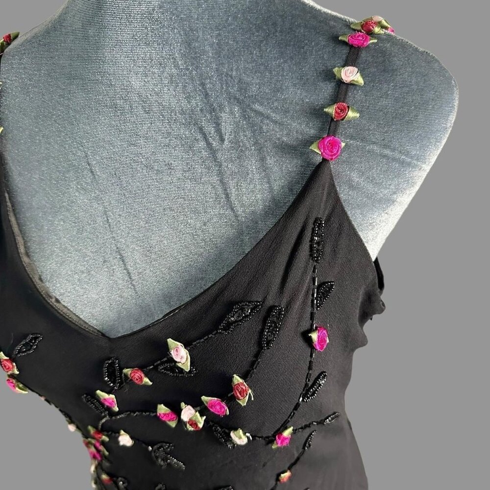 Y2K gothic fairycore beaded silk ribbon flower asymmetrical ruffle fringe dress - Picture 2 of 11